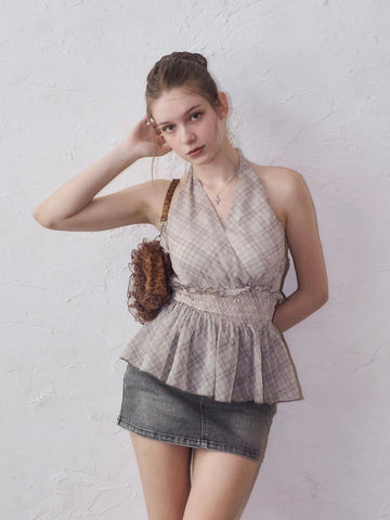 Halter-neck check blouse