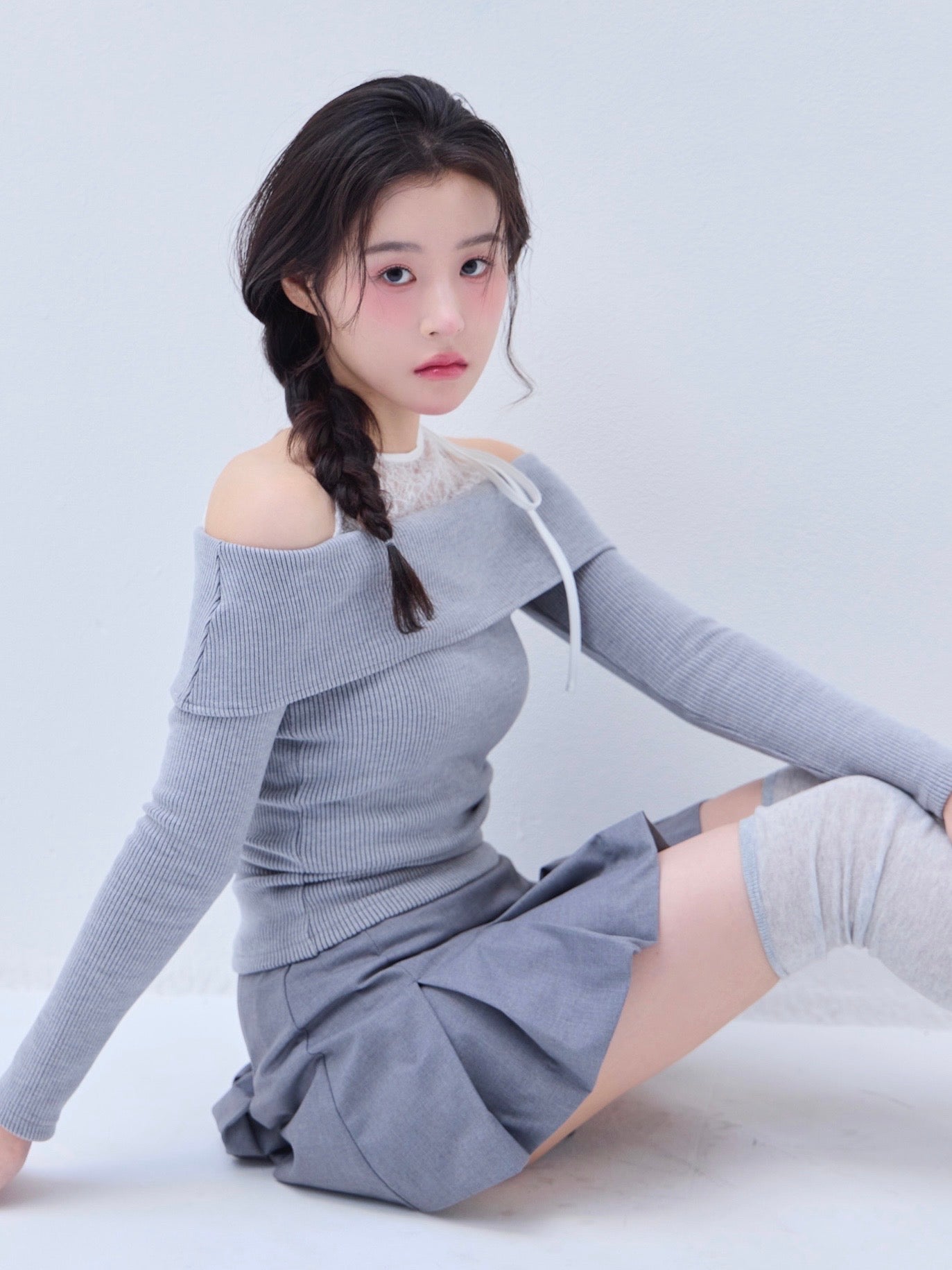 yilon DOCKING LACE RIB KNIT グレー Docking lace rib knit – YILON