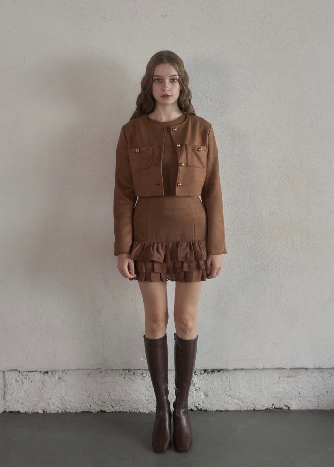 YILON イロン COTTON LACE SUÈDE OP ブラウン Crop suède jacket – YILON