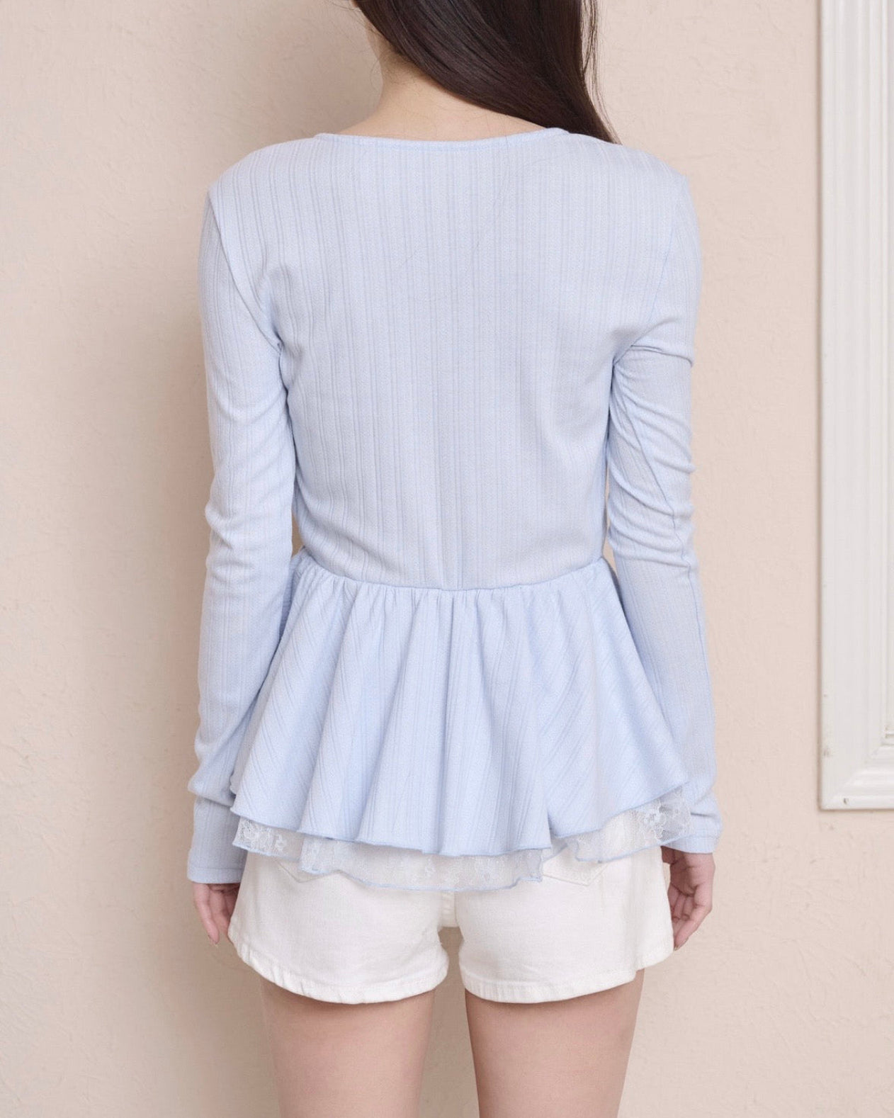 YILON TIE PEPLUM LACE BLOUSE ブルー BLUE TIE PEPLUM LACE BLOUSE – YILON