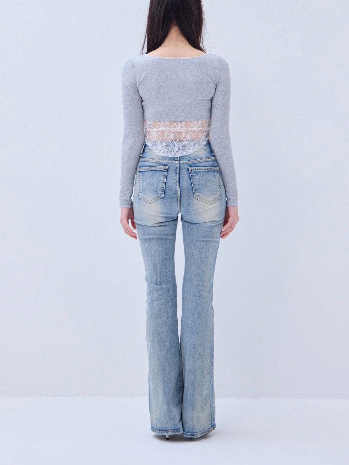 yilon BACK LACE RIBBON TEE グレー Back lace ribbon tee – YILON