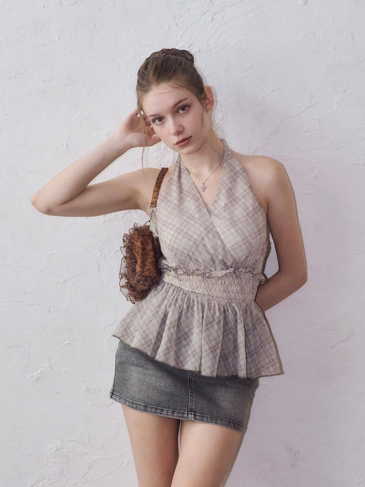 Halter-neck check blouse