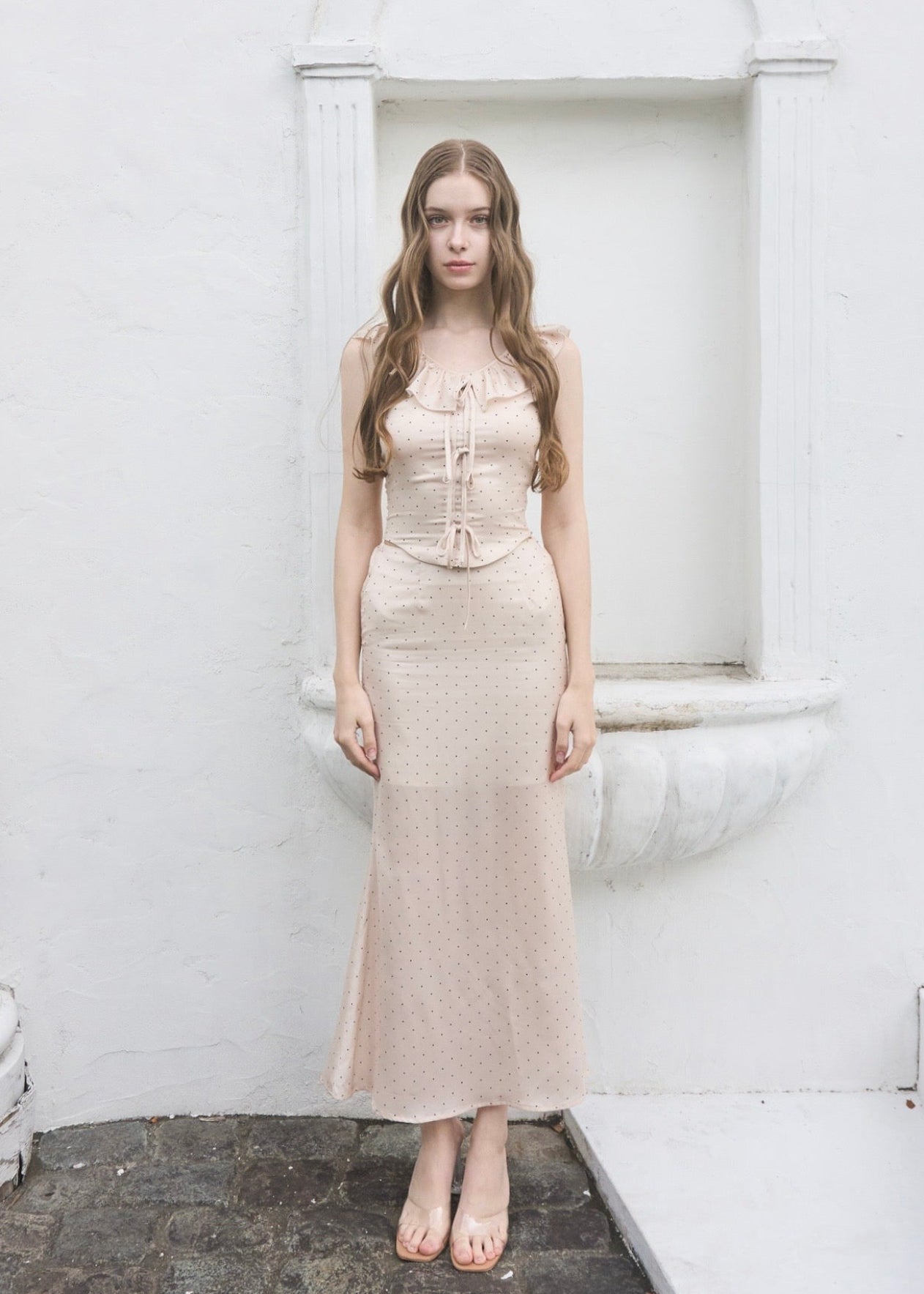 Yilon ruffle dot satin set up アイボリー RUFFLE DOT SATIN SETUP – YILON