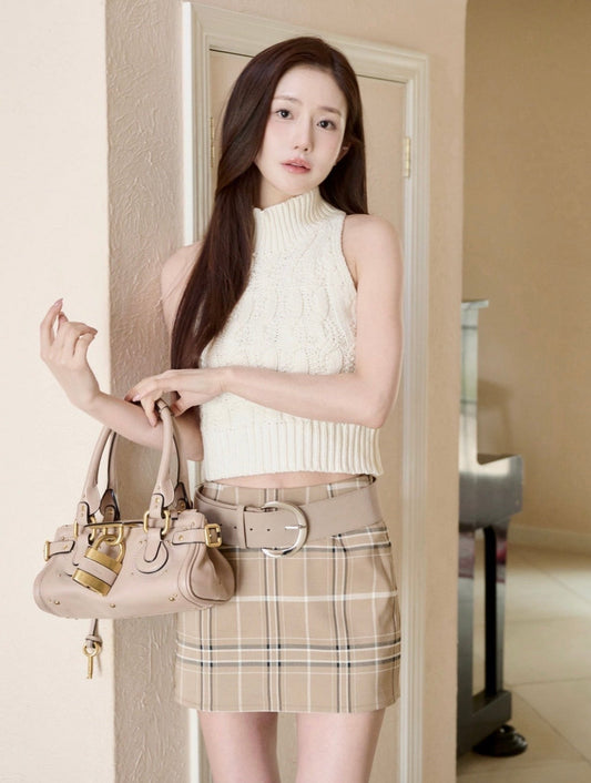 SUEDE BELT CHECK MINI SKIRT