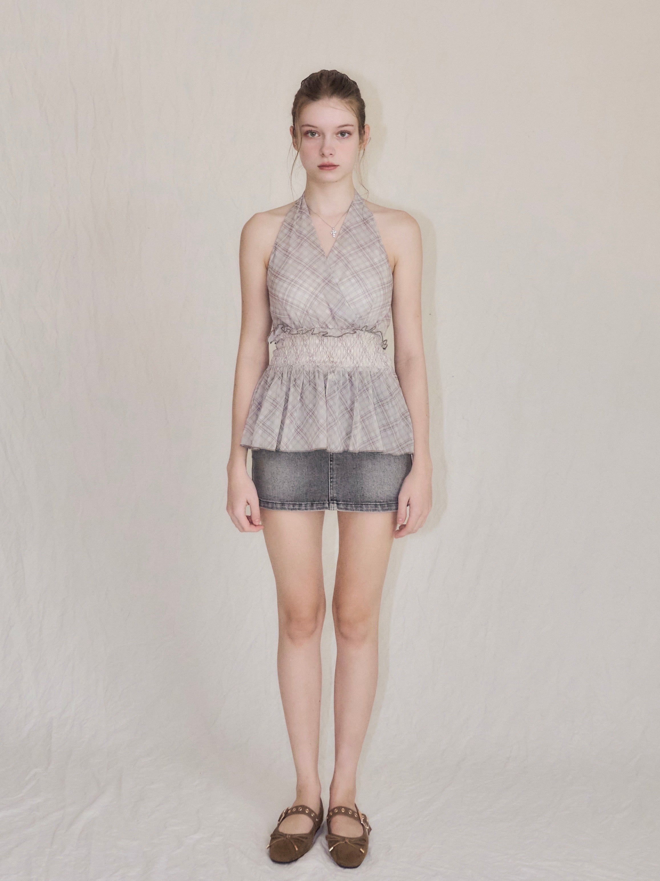 トップス YILON Halter-neck check blouse / black Halter-neck check blouse – YILON