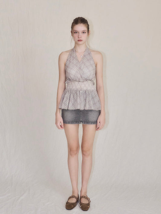 Halter-neck check blouse