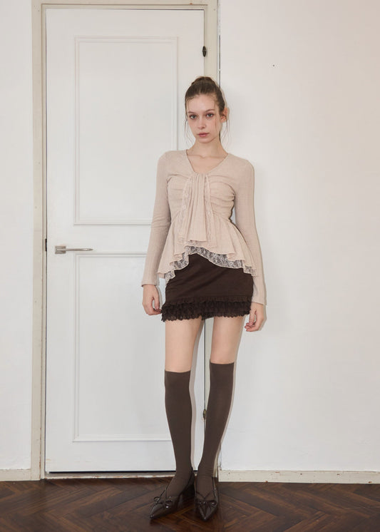 WARM TIE PEPLUM LACE BLOUSE