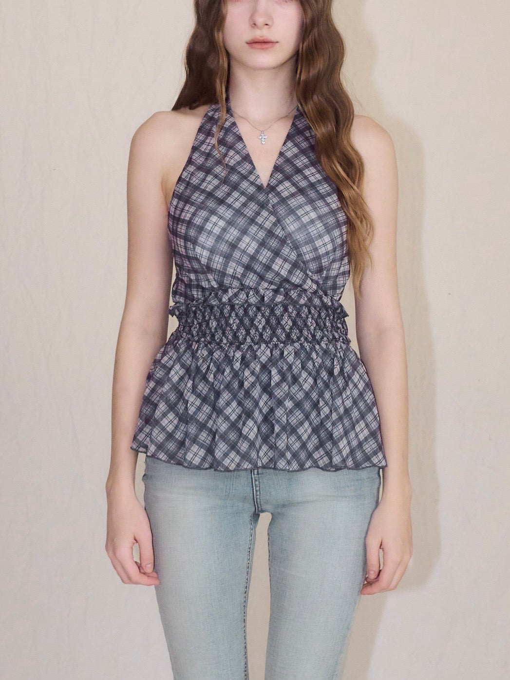 トップス yilon HALTER-NECK CHECK BLOUSE Halter-neck check blouse – YILON
