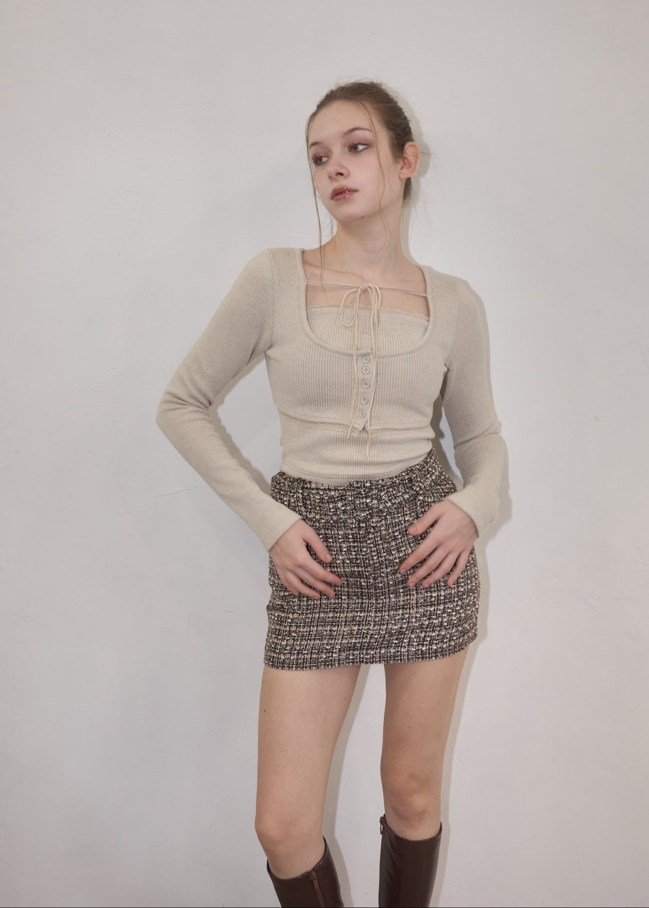 トップス yilon RIB ENSEMBLE BUTTON TOPS BEIGE Rib ensemble button tops – YILON